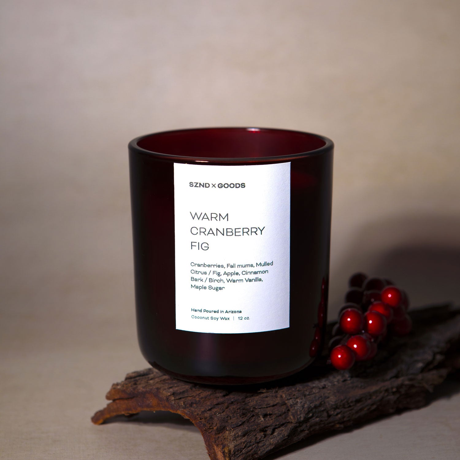 Warm Cranberry fig 12oz wooden wick candle photographed.