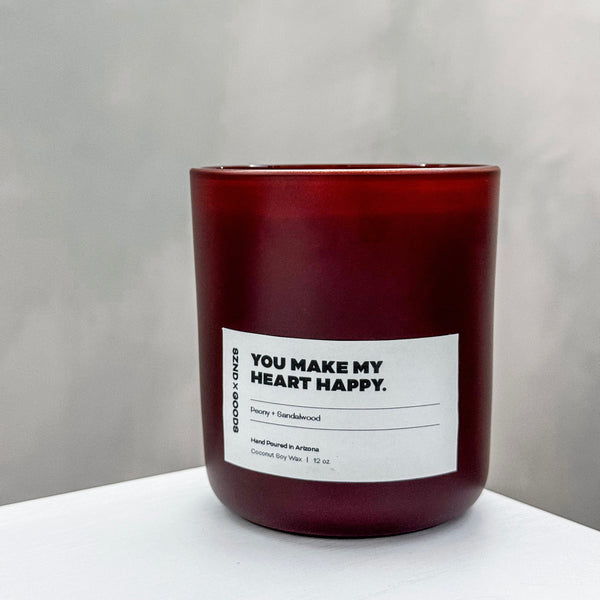 Peony + Sandalwood with a candle label that says You make my heart happy.