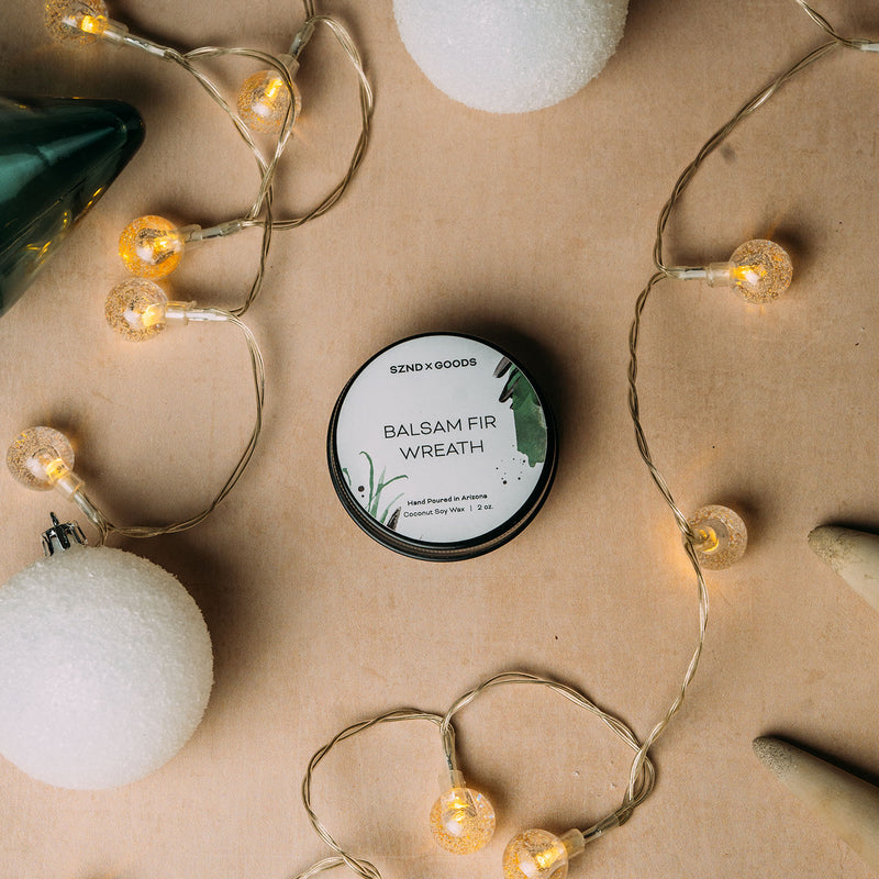 Wooden wick candle jar in Balsam Fir Wreath