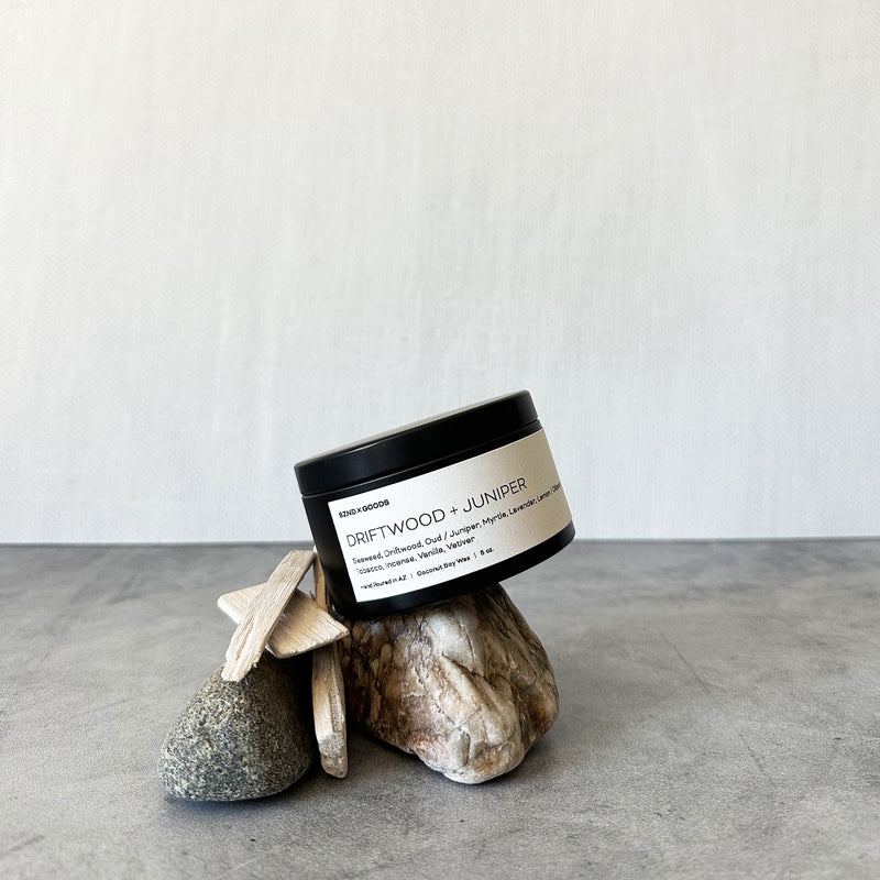 Black medium five ounce Driftwood and Juniper candle