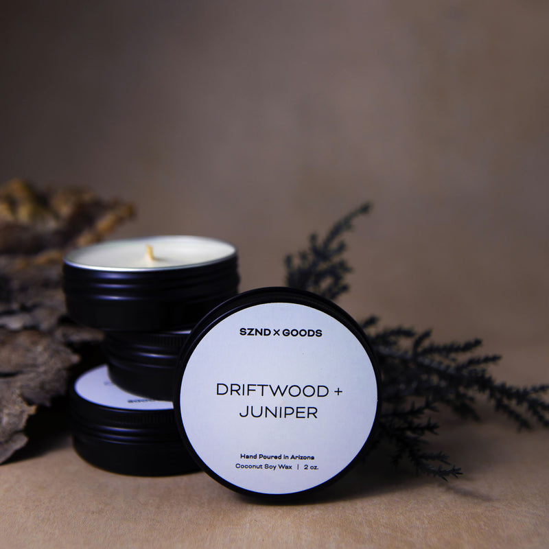 Driftwood and Juniper mini candle tin