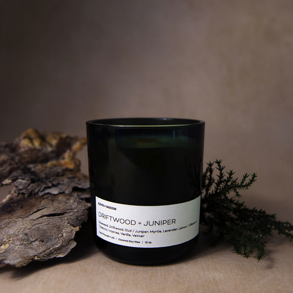 A sultry mens candle we call Driftwood and Juniper