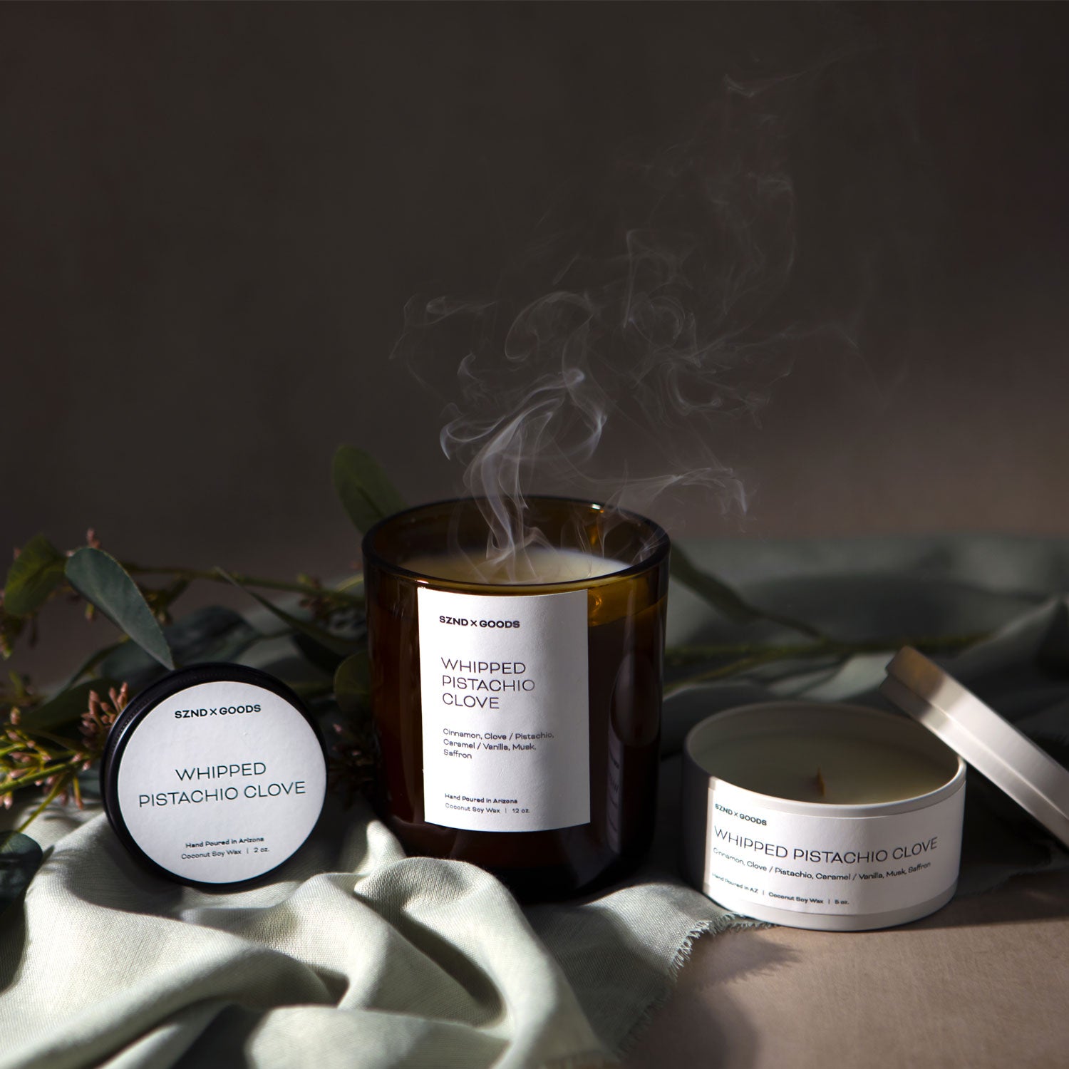 Whipped Pistachio Clove full range of candle sizes.