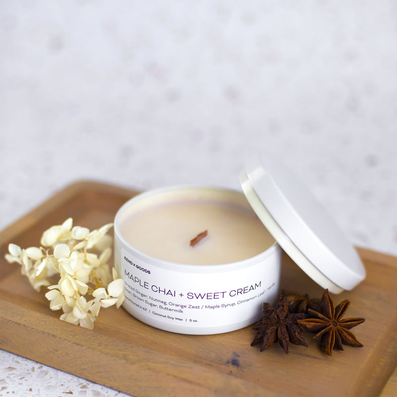 Maple Chai and Sweet Cream five ounce wooden wick candle