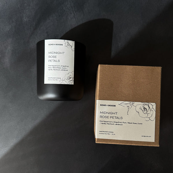 Midnight Rose Petals wooden wick candles and box.