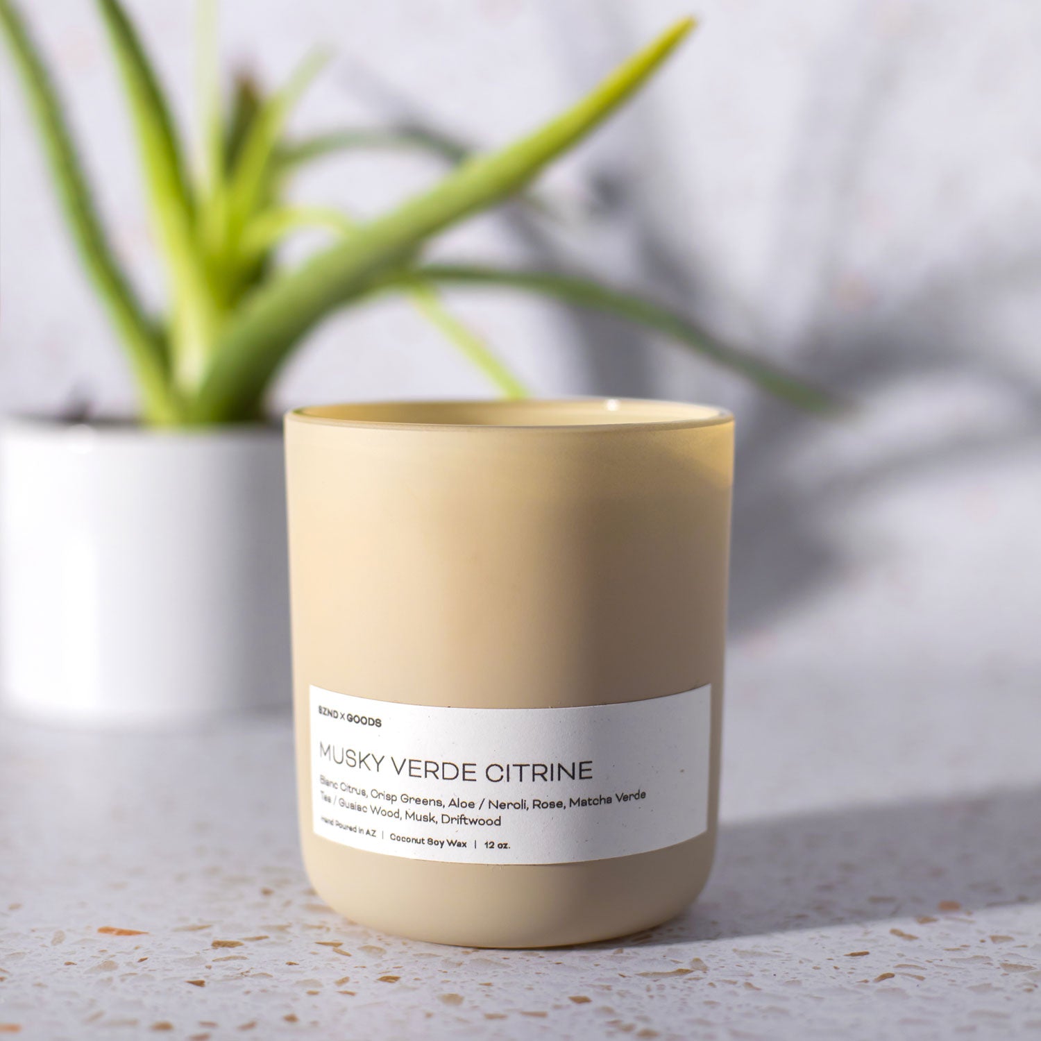 A beautiful hotel scented candle we call, Musky Verde Citrine