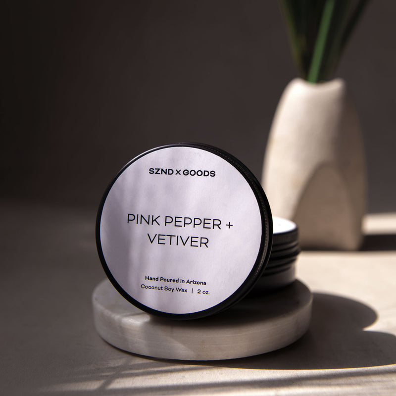 Pink Pepper and Vetiver small candle tin