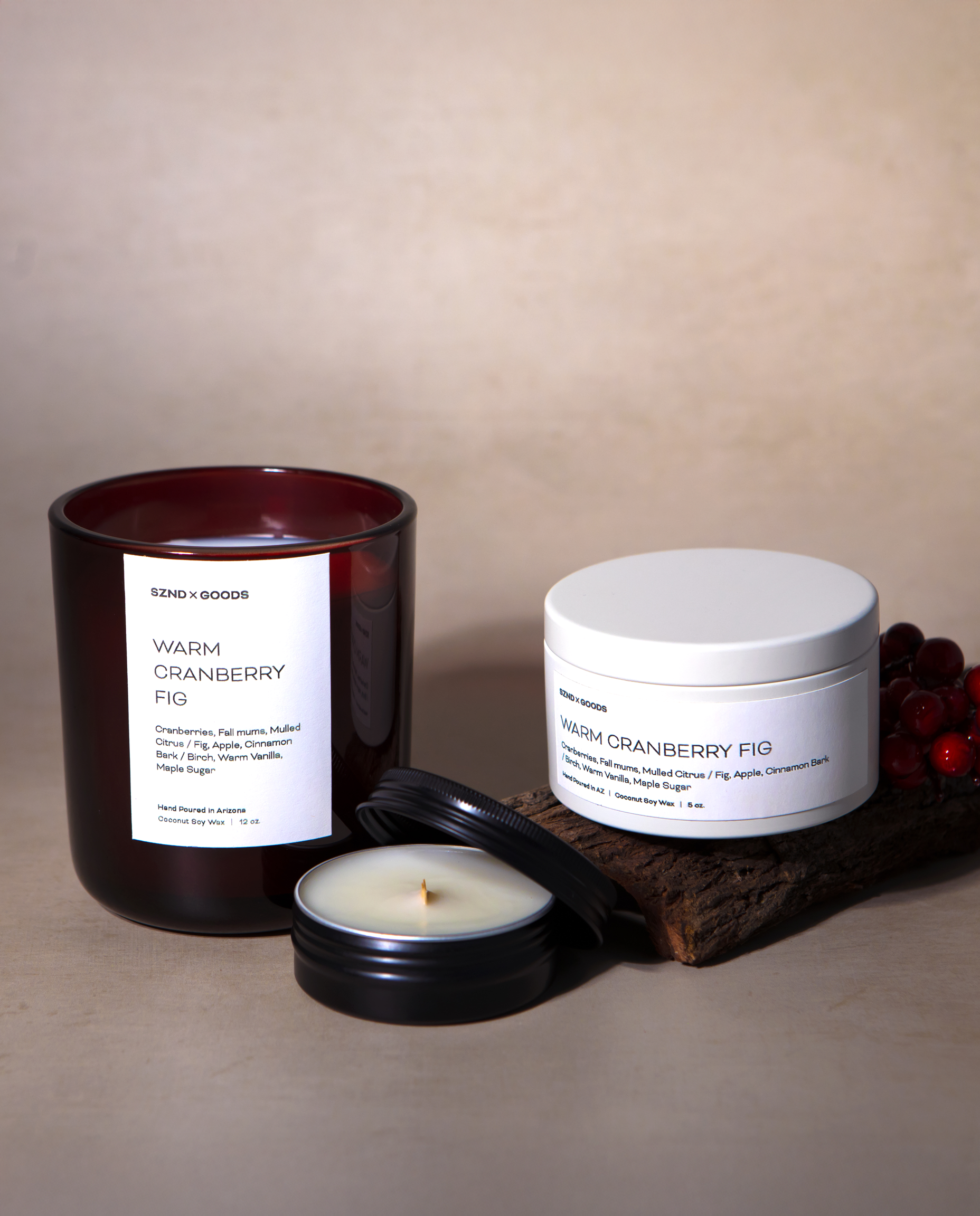 The collection of sizes for the Warm Cranberry Fig candle.