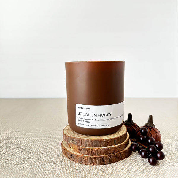 Bourbon Honey wooden wick candle includes orange marmalade, sugar and tobacco