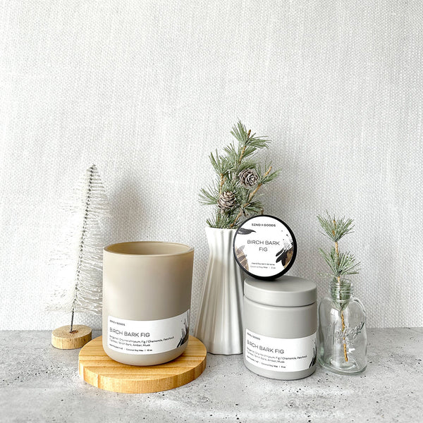 The full Birch Bark Fig wooden wick candle collection